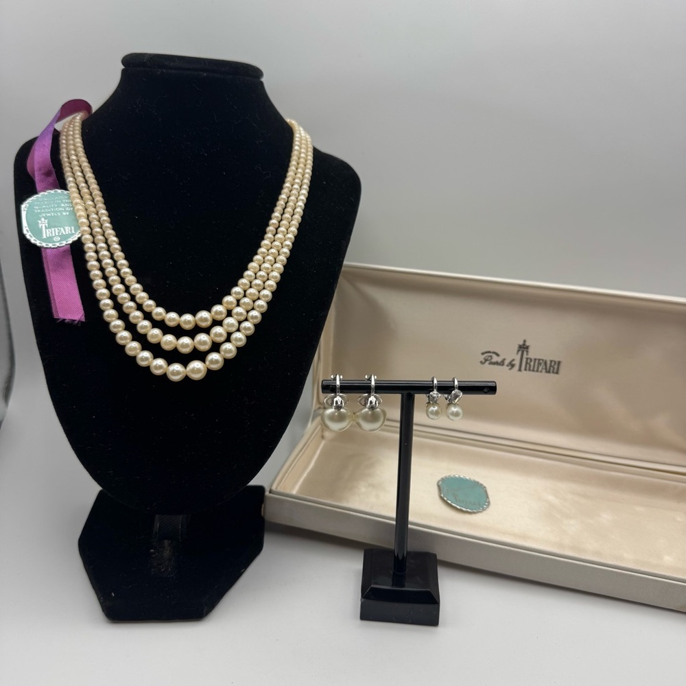 Vintage Trifari Faux Pearl Necklace with Two Matching Earring Sets Gainesborough